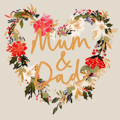 Mum & Dad Christmas Card Gold Foiled Festive Heart Wreath Xmas Greetings