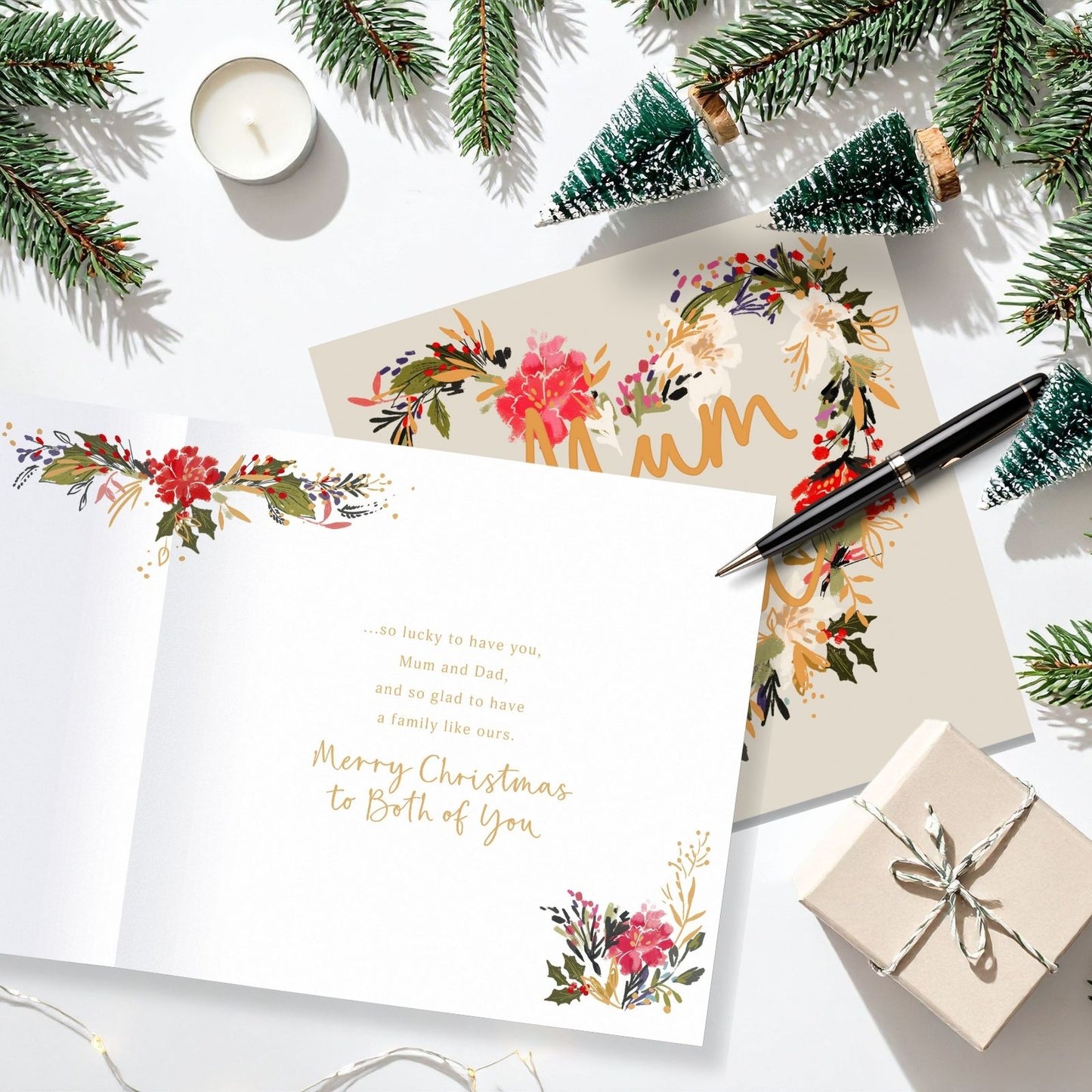 Mum & Dad Christmas Card Gold Foiled Festive Heart Wreath Xmas Greetings