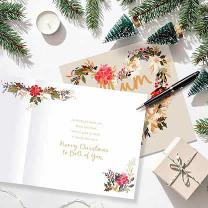 Mum & Dad Christmas Card Gold Foiled Festive Heart Wreath Xmas Greetings