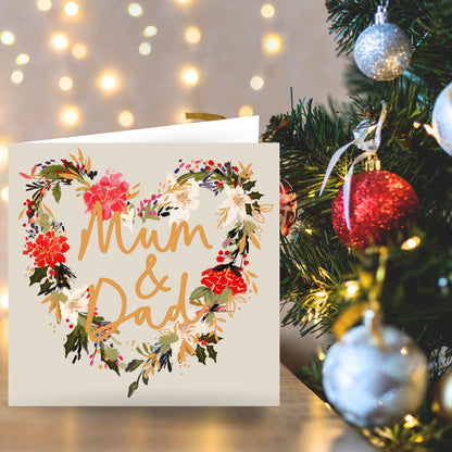 Mum & Dad Christmas Card Gold Foiled Festive Heart Wreath Xmas Greetings