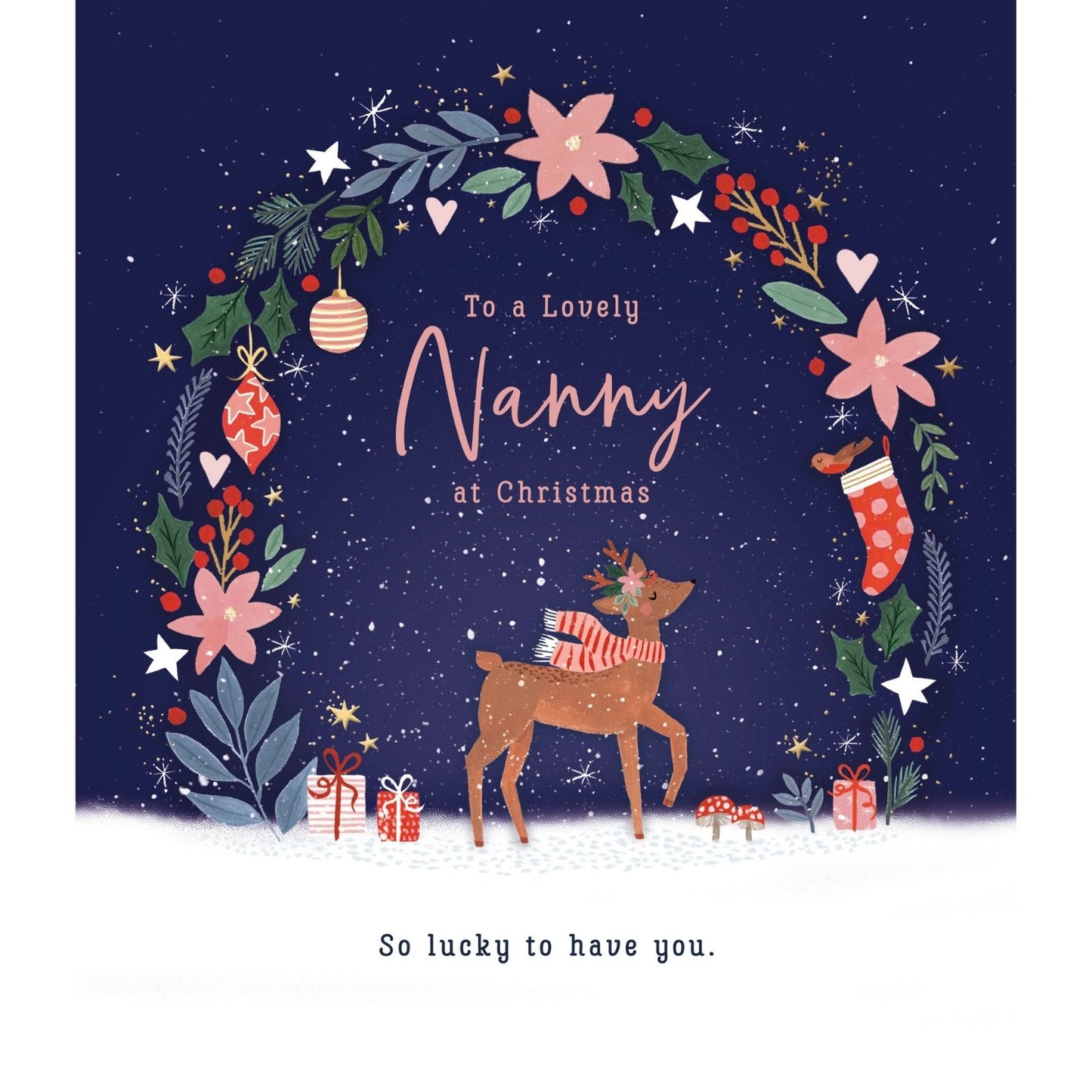 Lovely Nanny Christmas Card Reindeer With Christmas Wreath Xmas Greetings