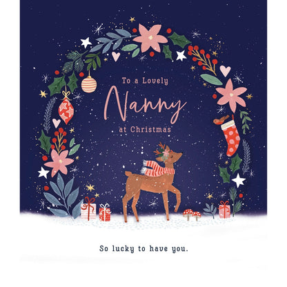 Lovely Nanny Christmas Card Reindeer With Christmas Wreath Xmas Greetings