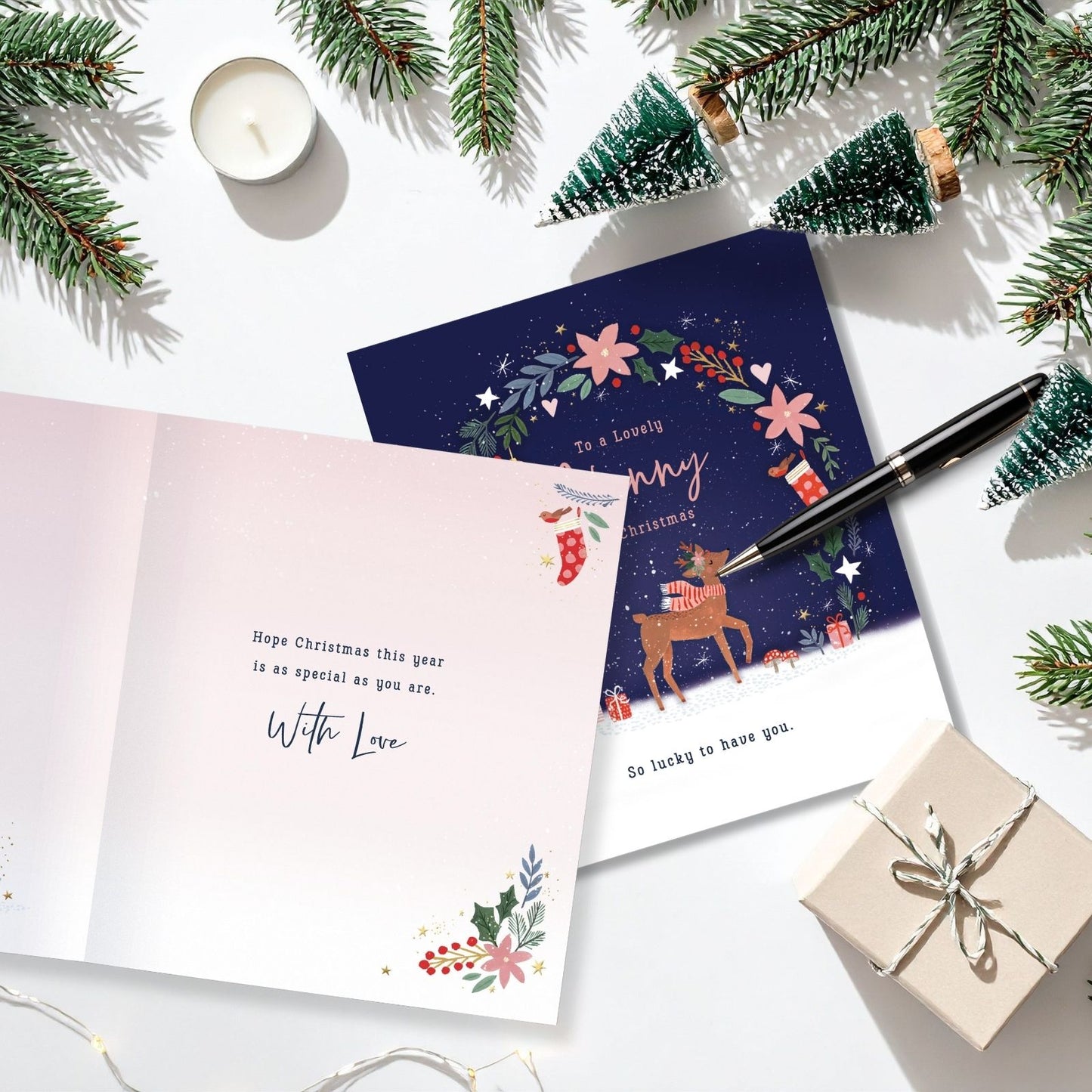 Lovely Nanny Christmas Card Reindeer With Christmas Wreath Xmas Greetings