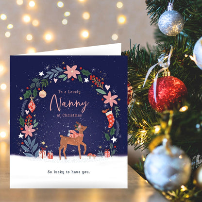Lovely Nanny Christmas Card Reindeer With Christmas Wreath Xmas Greetings