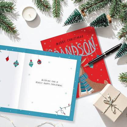 Grandson Christmas Card Merry Christmas Foiled Reindeer Antlers Xmas Greetings