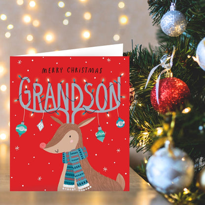Grandson Christmas Card Merry Christmas Foiled Reindeer Antlers Xmas Greetings