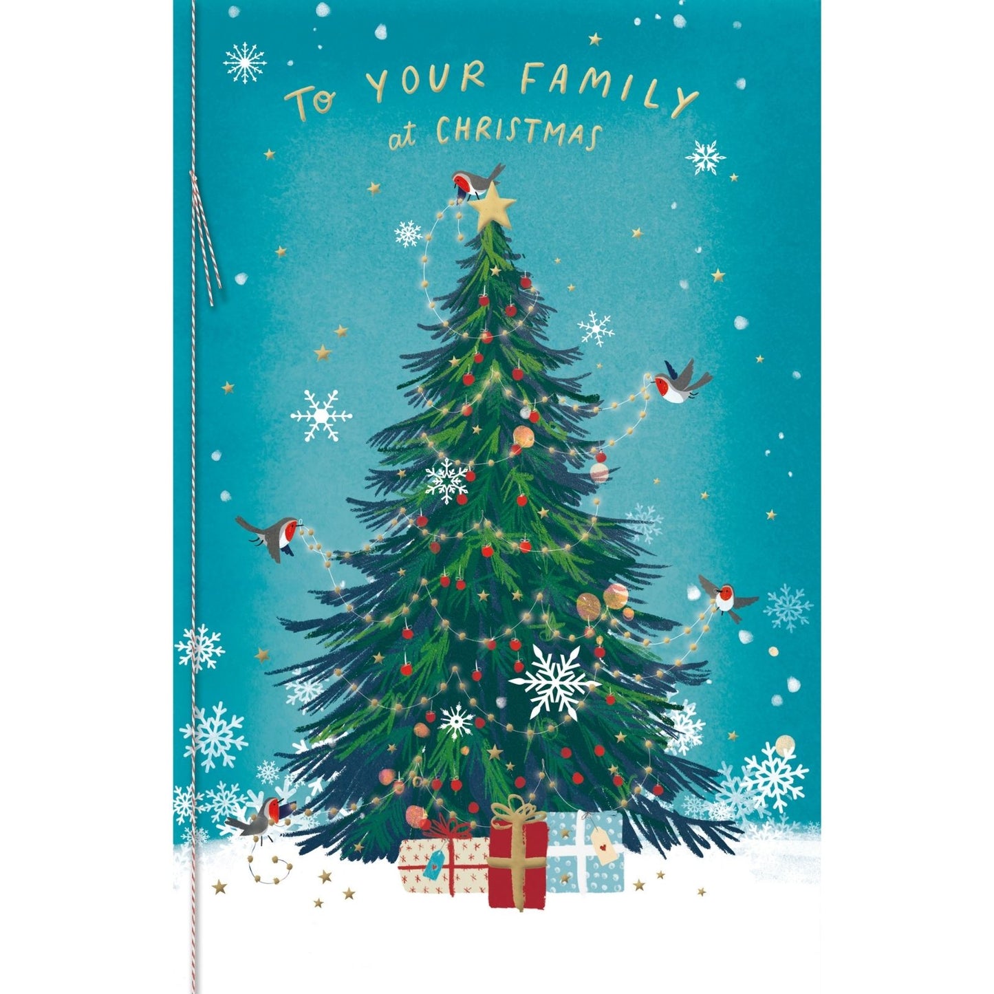 To Your Family Christmas Card Artistic Robins Decorating The Tree Xmas Greetings