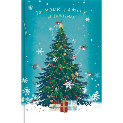 To Your Family Christmas Card Artistic Robins Decorating The Tree Xmas Greetings