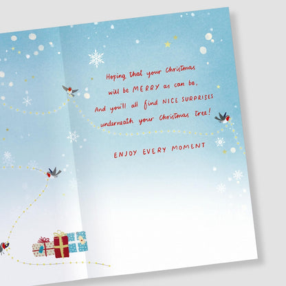 To Your Family Christmas Card Artistic Robins Decorating The Tree Xmas Greetings