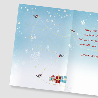 To Your Family Christmas Card Artistic Robins Decorating The Tree Xmas Greetings