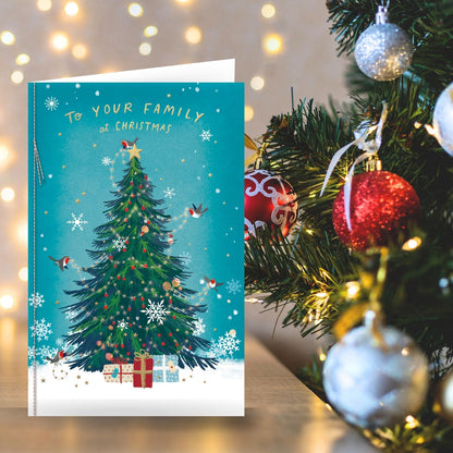 To Your Family Christmas Card Artistic Robins Decorating The Tree Xmas Greetings