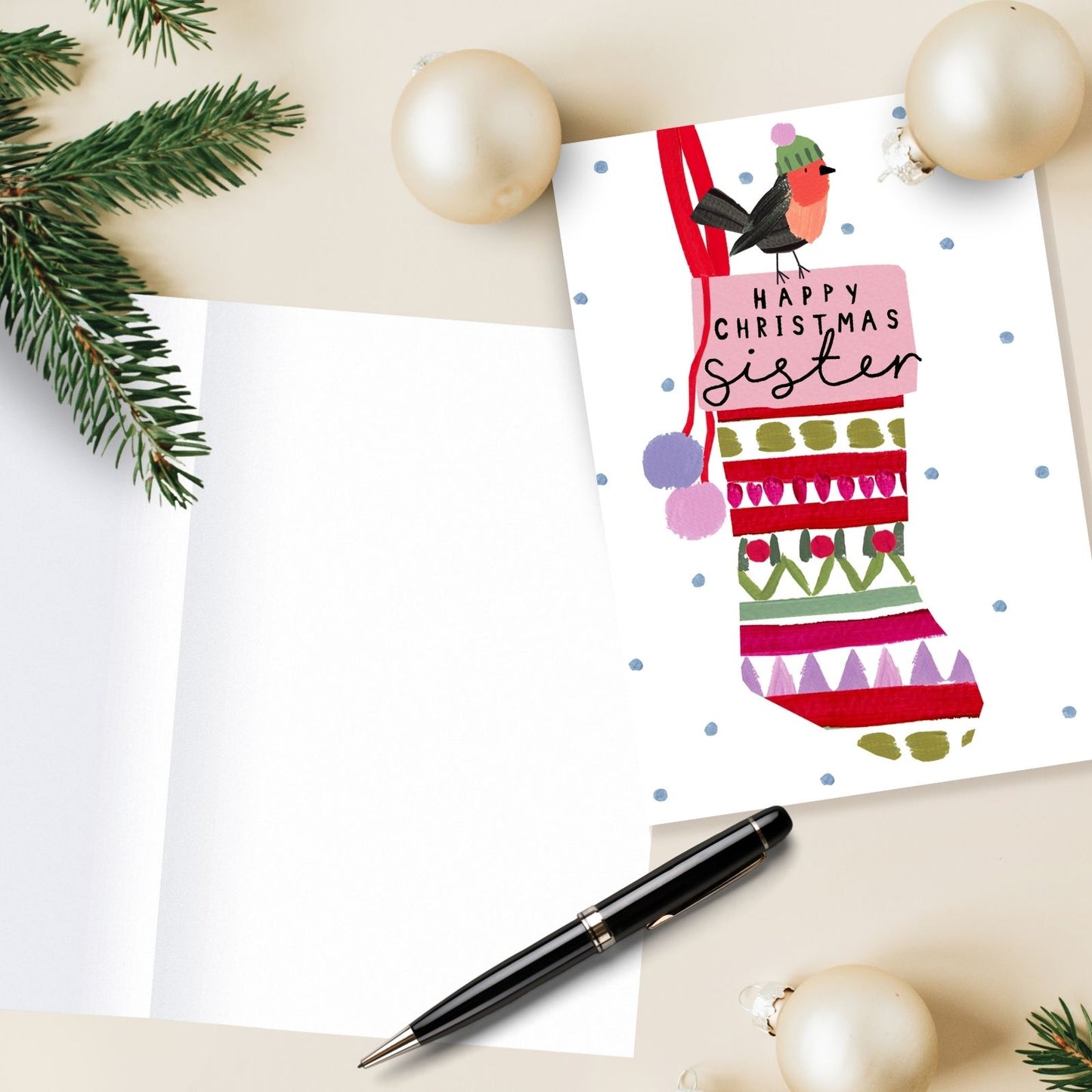 Sister Christmas Card Artistic Robin & Stocking Kindred Art Range Xmas Greetings