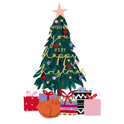 Artistic Christmas Card Foiled Xmas Tree & Cat Kindred Art Range Xmas Greetings
