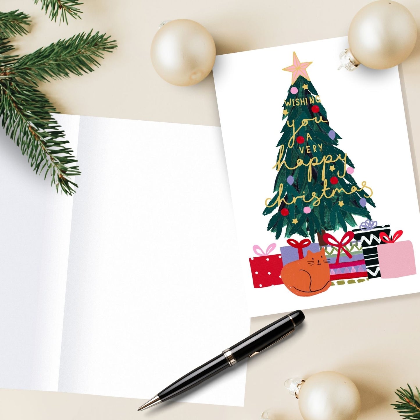 Artistic Christmas Card Foiled Xmas Tree & Cat Kindred Art Range Xmas Greetings