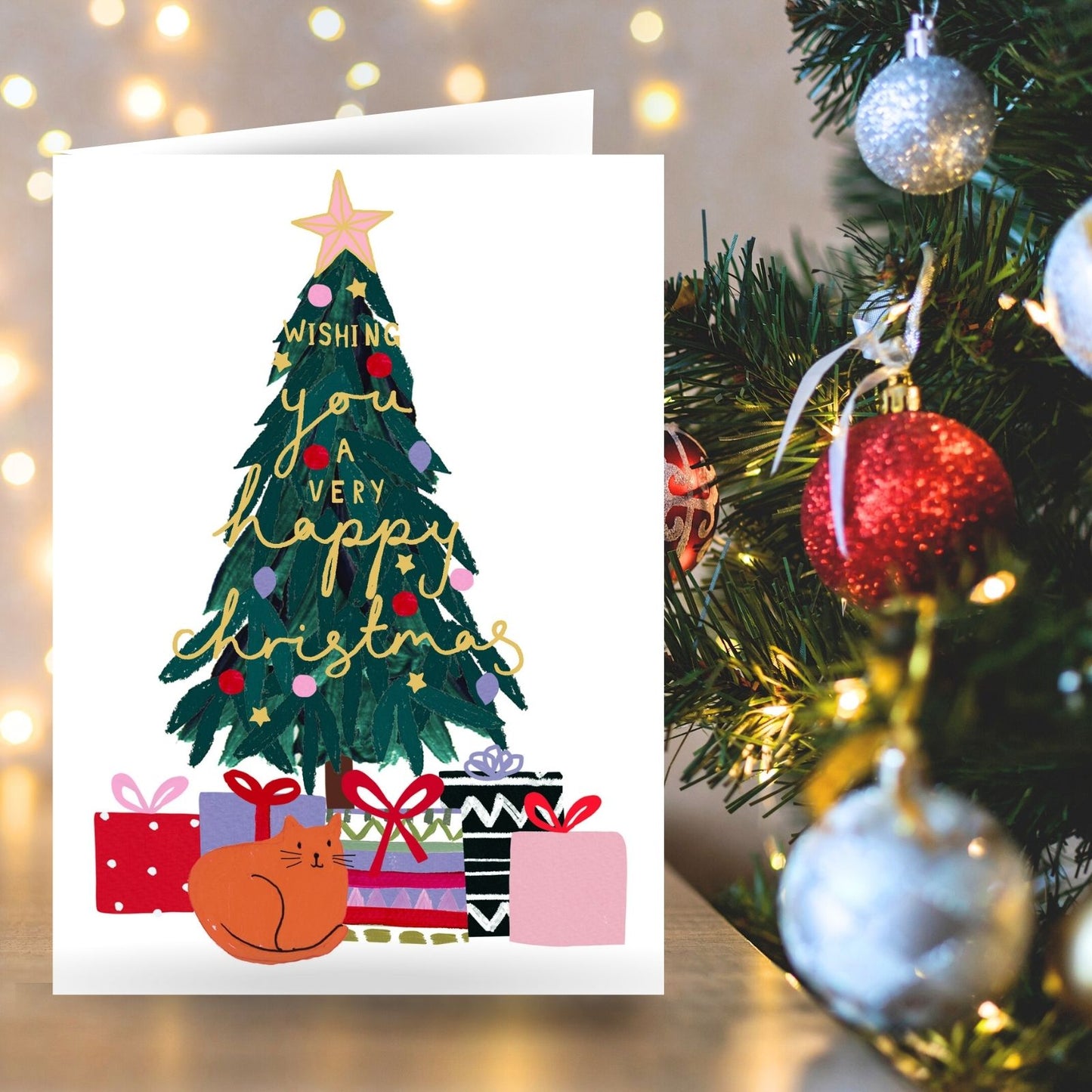 Artistic Christmas Card Foiled Xmas Tree & Cat Kindred Art Range Xmas Greetings