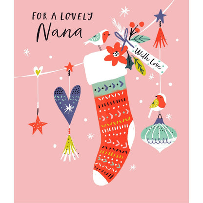 Lovely Nana Christmas Card Festive Robins & Christmas Stocking Xmas Greetings