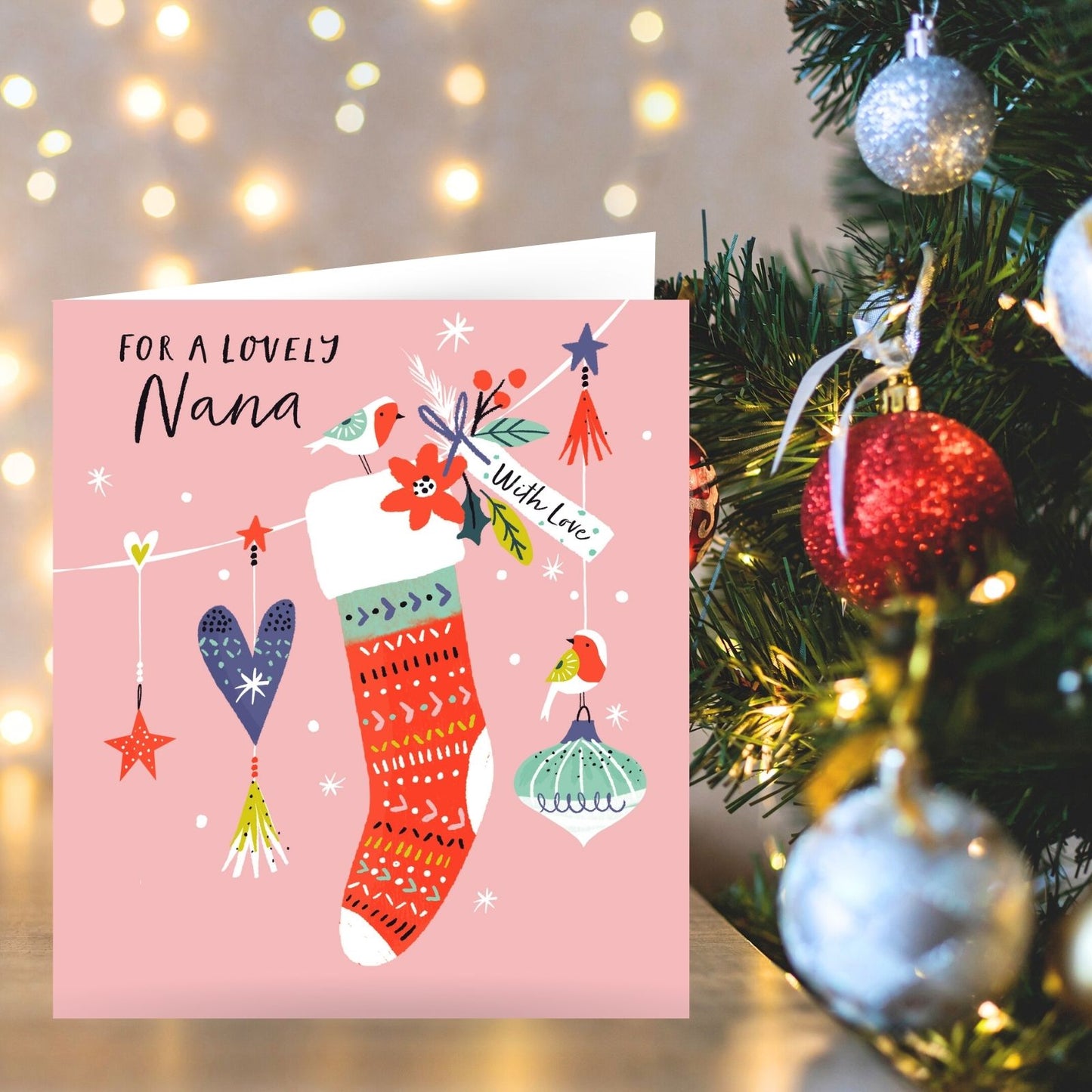 Lovely Nana Christmas Card Festive Robins & Christmas Stocking Xmas Greetings