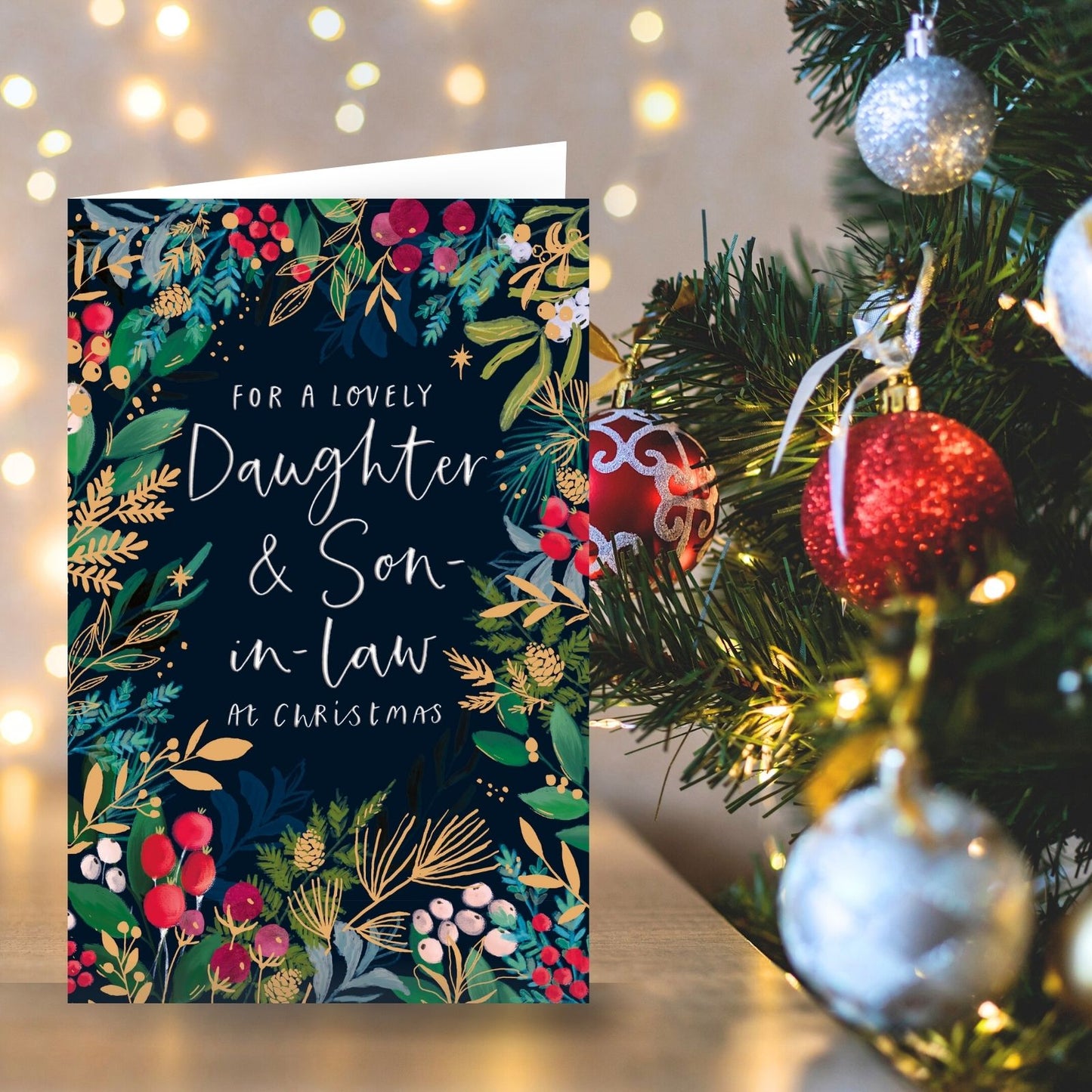 Lovely Daughter & Son-In-Law Christmas Card Festive Gold Foliage Xmas Greetings