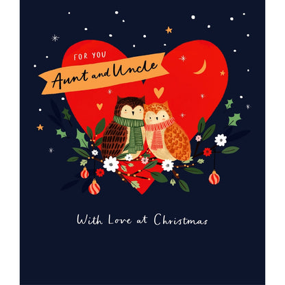 Aunt & Uncle Christmas Card Festive Pair Of Owls & Love Hearts Xmas Greetings