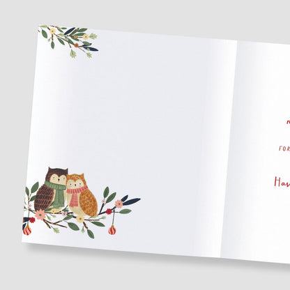 Aunt & Uncle Christmas Card Festive Pair Of Owls & Love Hearts Xmas Greetings