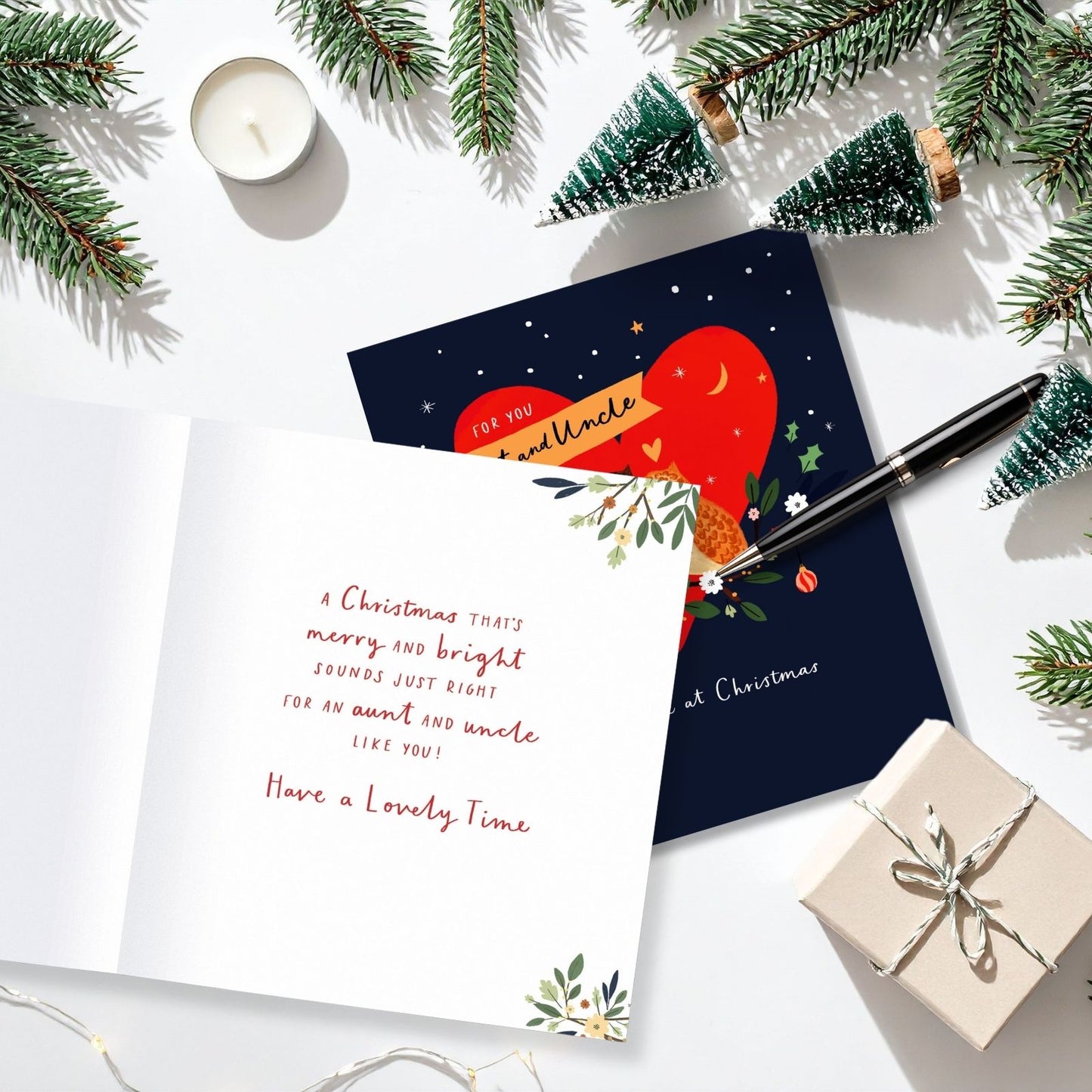 Aunt & Uncle Christmas Card Festive Pair Of Owls & Love Hearts Xmas Greetings