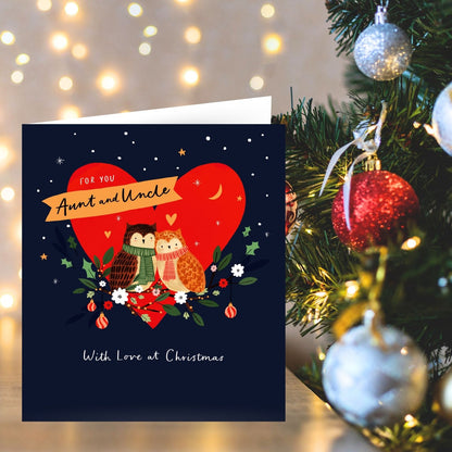 Aunt & Uncle Christmas Card Festive Pair Of Owls & Love Hearts Xmas Greetings