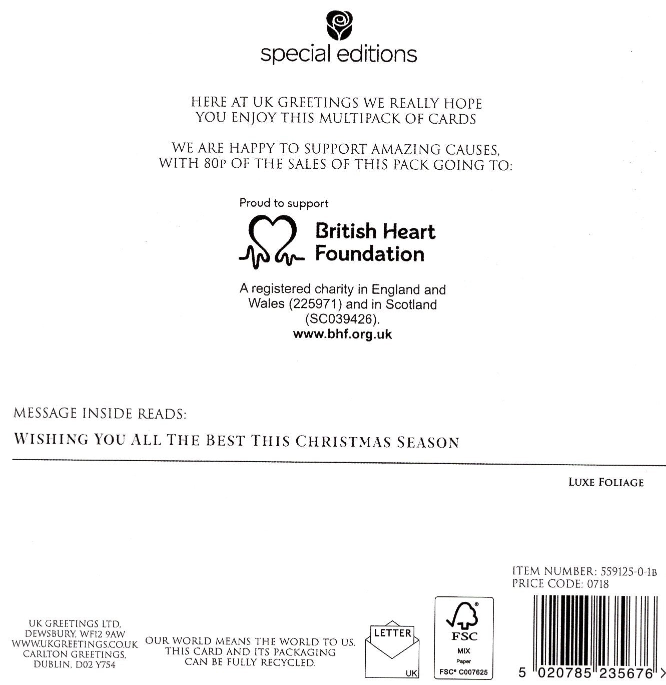Box Of 10 British Heart Foundation Charity Festive Foliage Christmas Cards