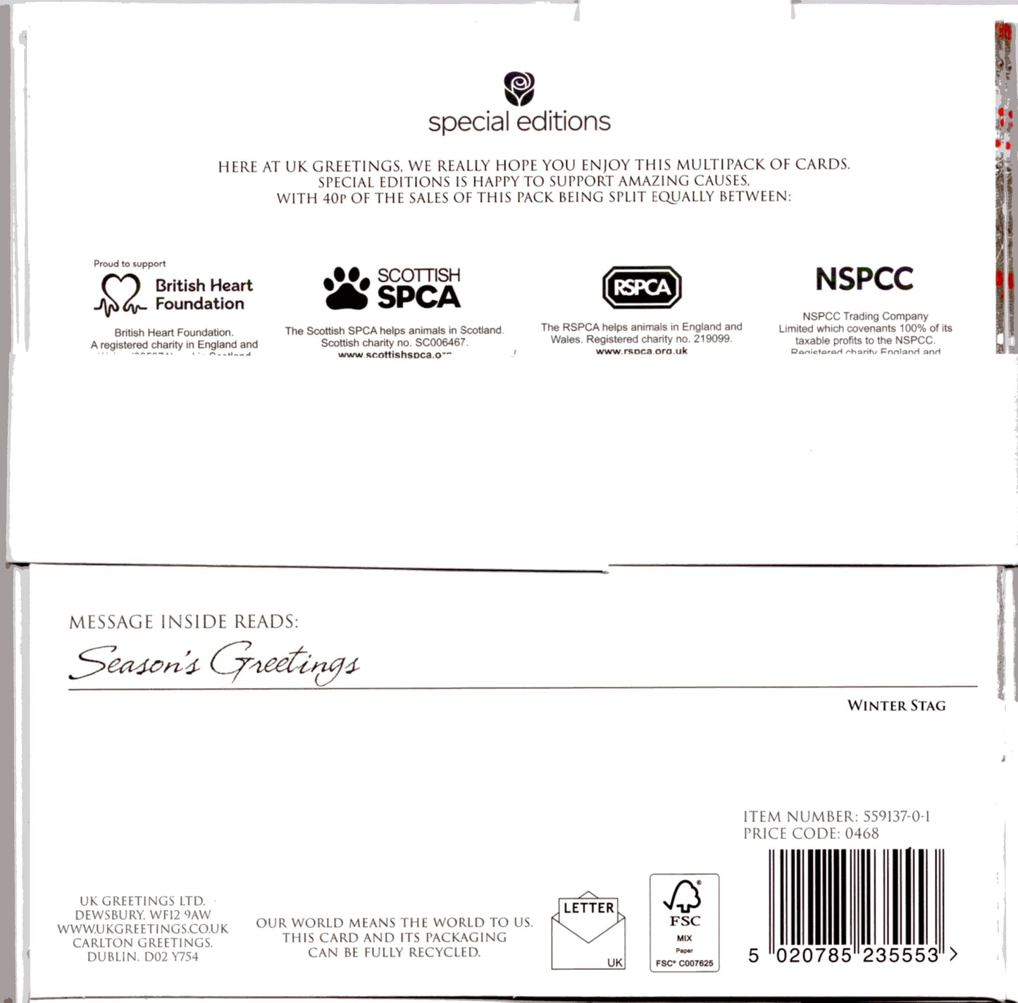 Pack Of 6 Winter Woodland Stag Charity Christmas Cards Multiple Charities