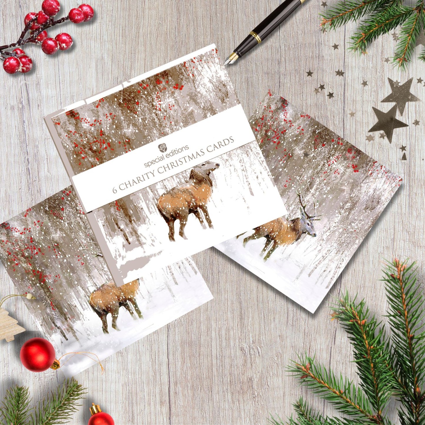 Pack Of 6 Winter Woodland Stag Charity Christmas Cards Multiple Charities