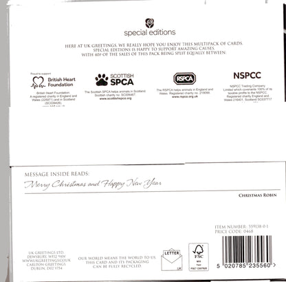 Pack Of 6 Festive Robin Charity Christmas Cards Multiple Charities