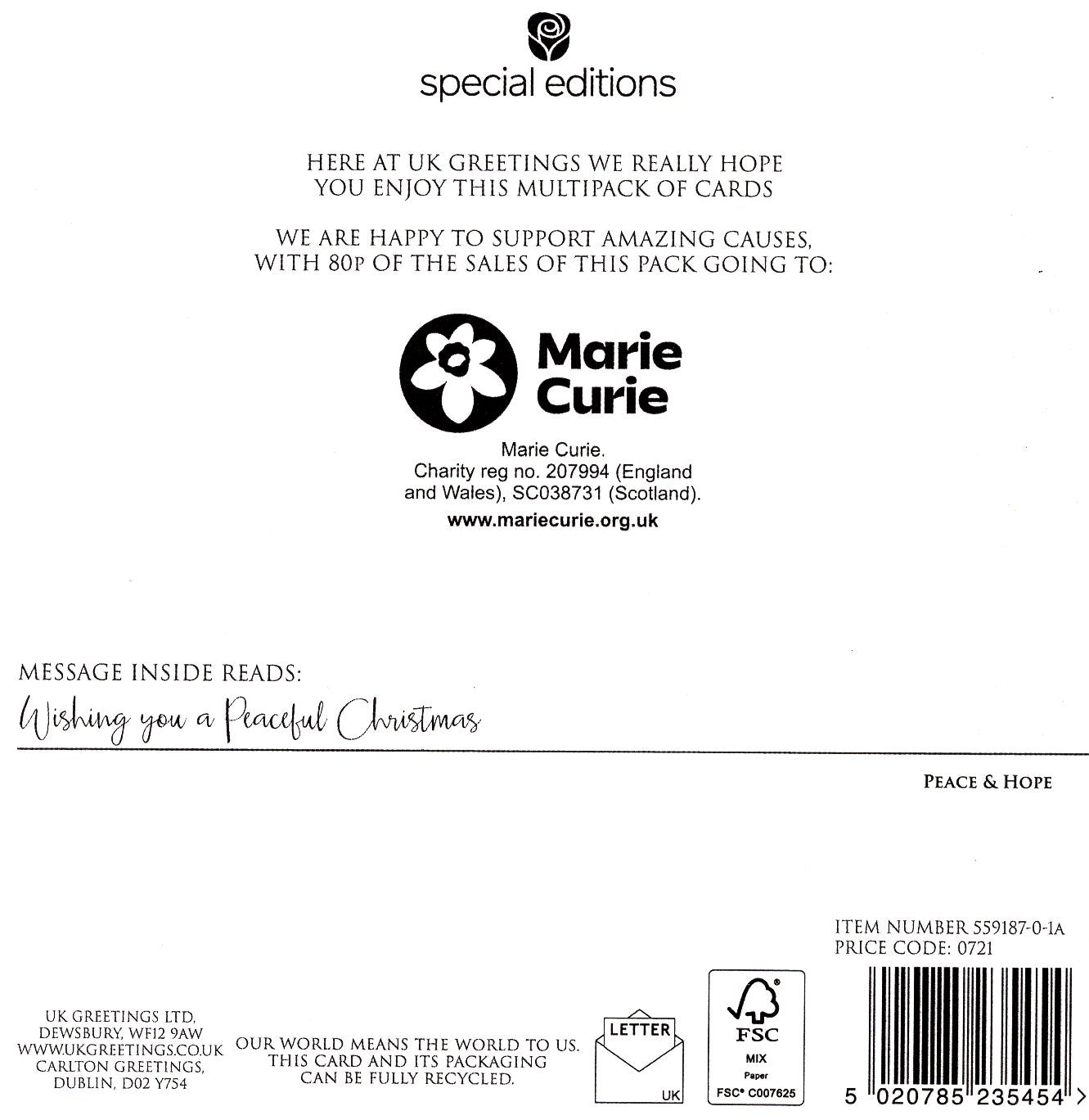 Box Of 10 Marie Curie Charity Peace & Hope Christmas Cards In 2 Designs