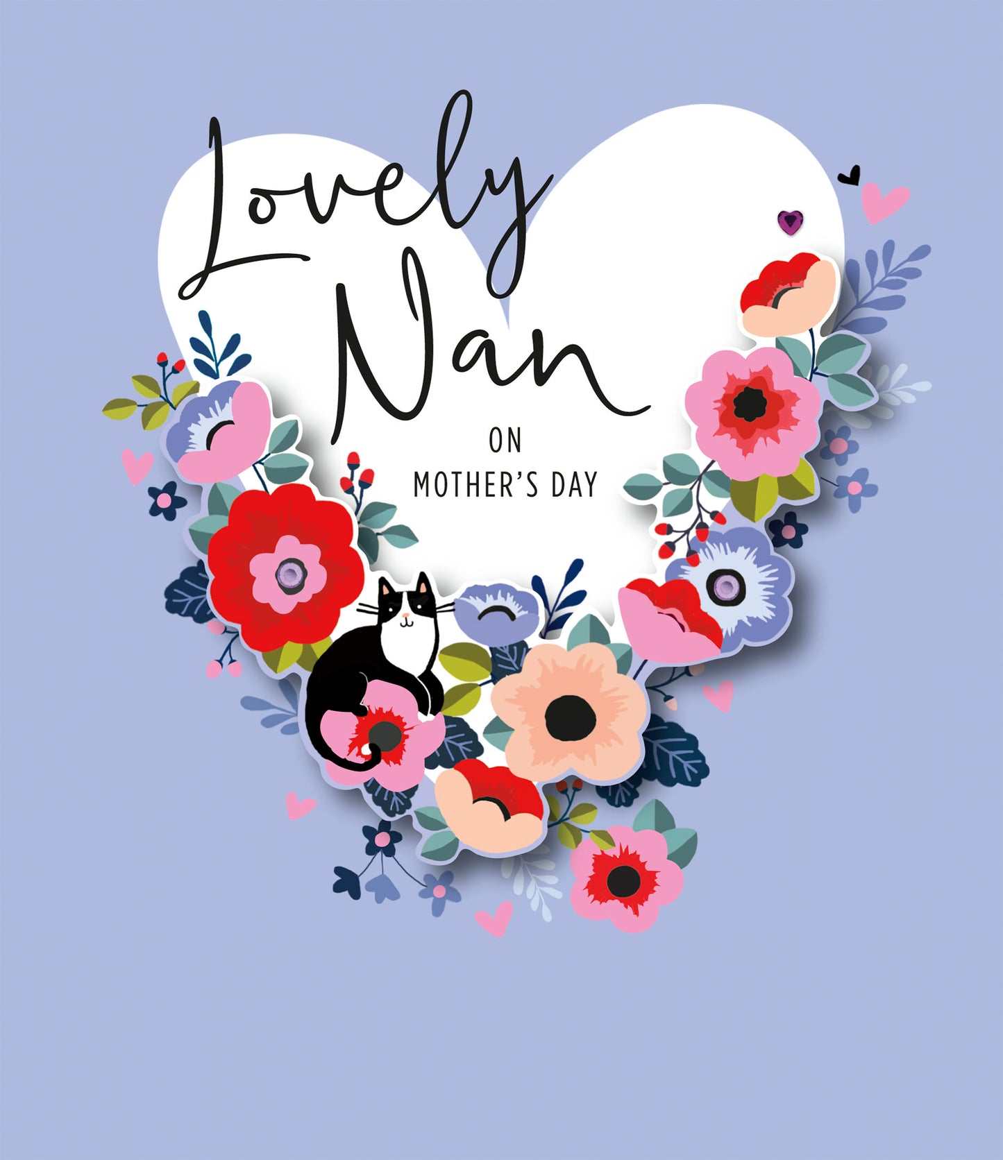 Lovely Nan Floral Heart & Cat On Mother's Day Card