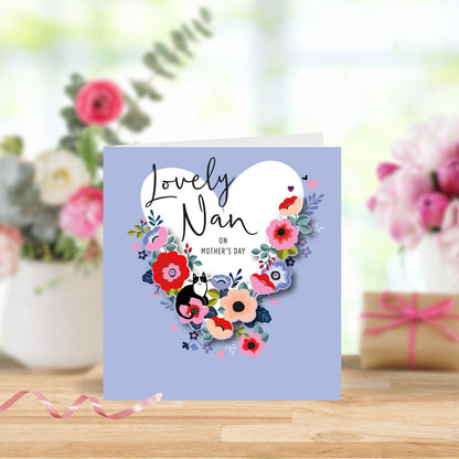 Lovely Nan Floral Heart & Cat On Mother's Day Card