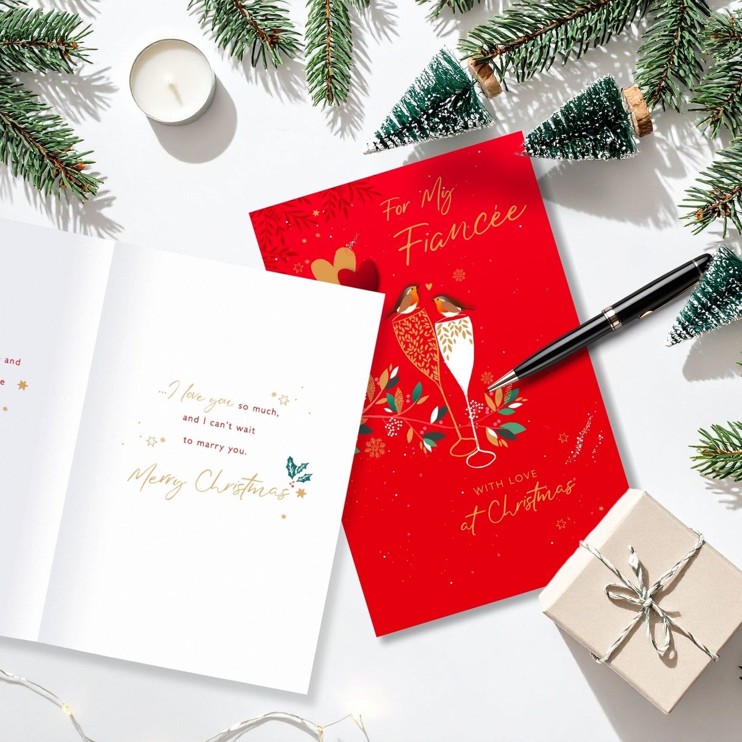 Fiancée Christmas Card With Love Foiled Robins & Champagne Flutes Xmas Greetings