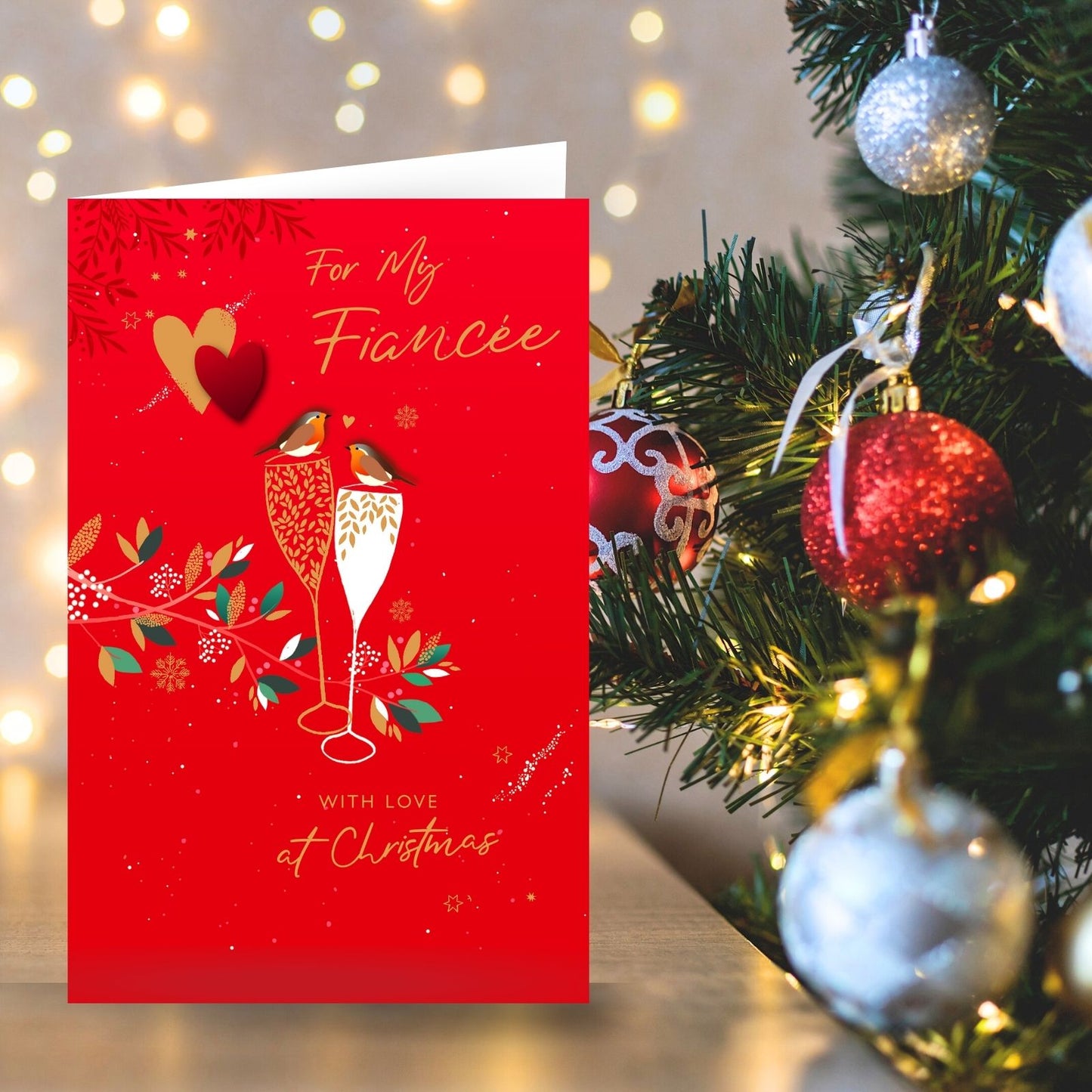 Fiancée Christmas Card With Love Foiled Robins & Champagne Flutes Xmas Greetings
