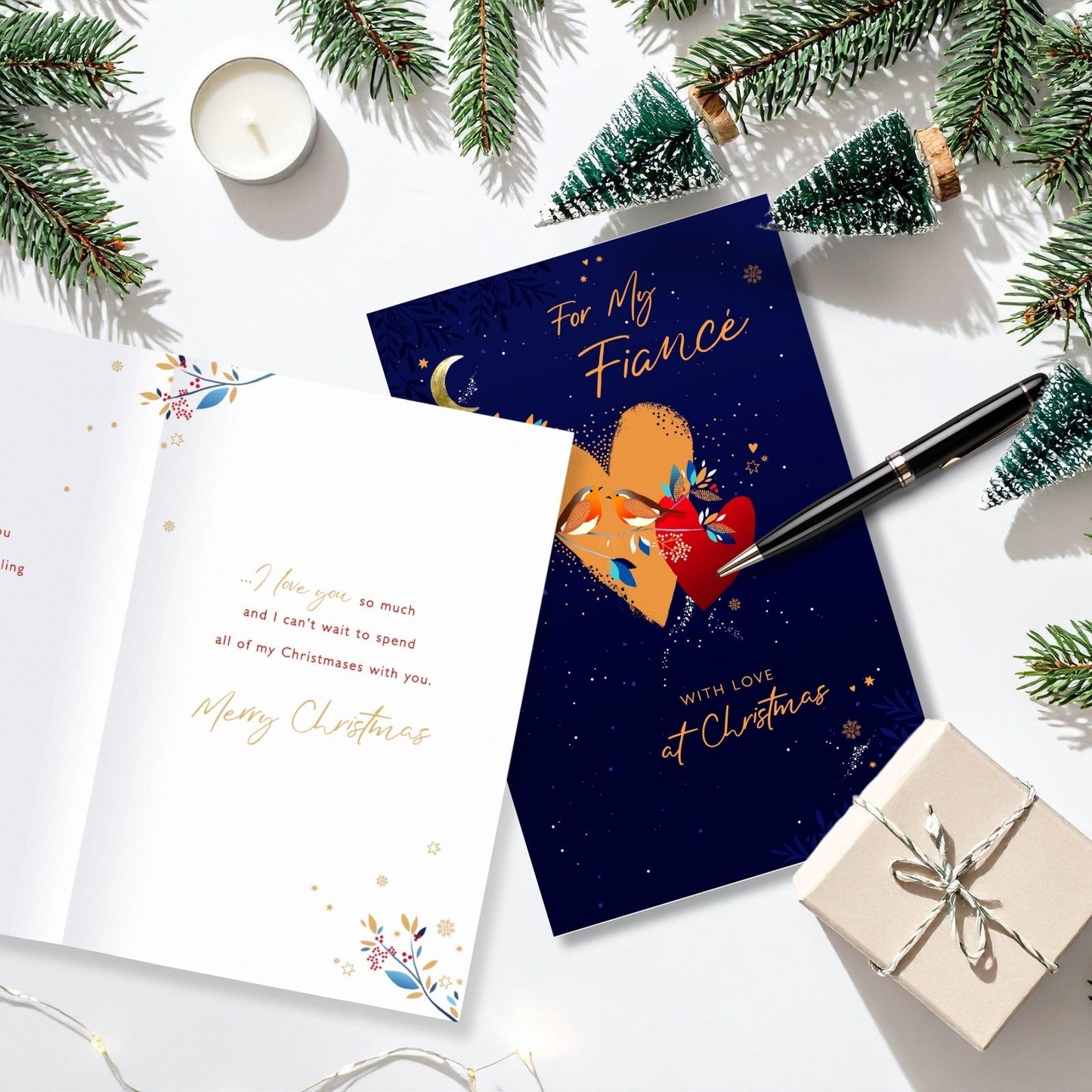 Fiancé Christmas Card With Love Foiled Robins With Love Hearts Xmas Greetings