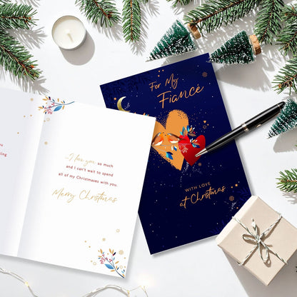 Fiancé Christmas Card With Love Foiled Robins With Love Hearts Xmas Greetings