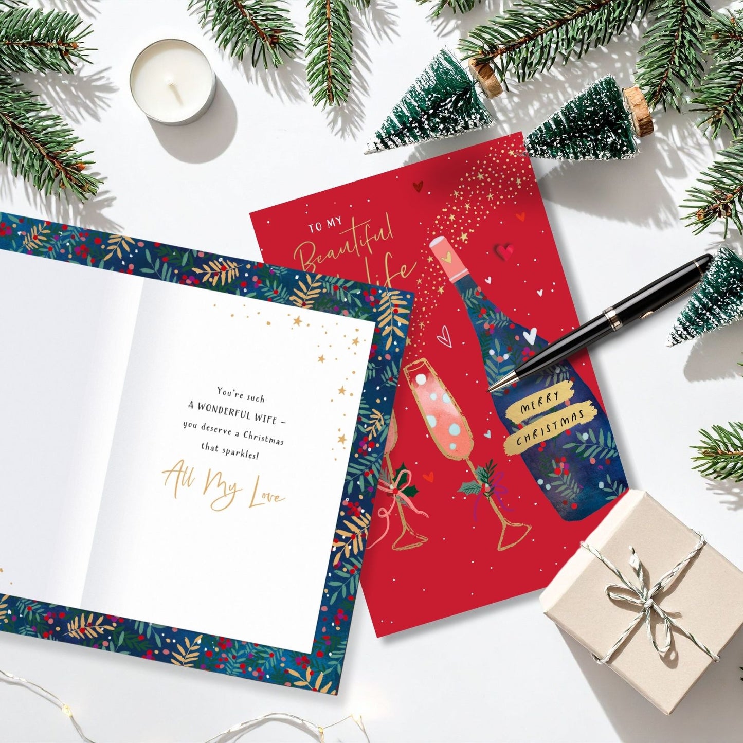Beautiful Wife Christmas Card Foiled Embellished Champagne Toast Xmas Greetings