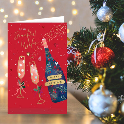 Beautiful Wife Christmas Card Foiled Embellished Champagne Toast Xmas Greetings