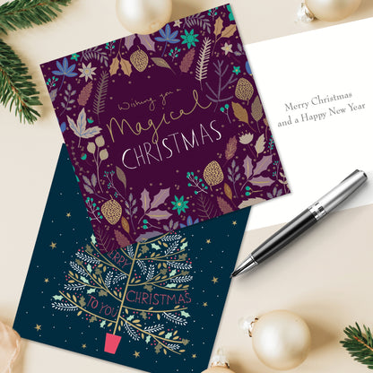 Box of 10 Christmas Cards In Xmas Tree & Leaf Designs