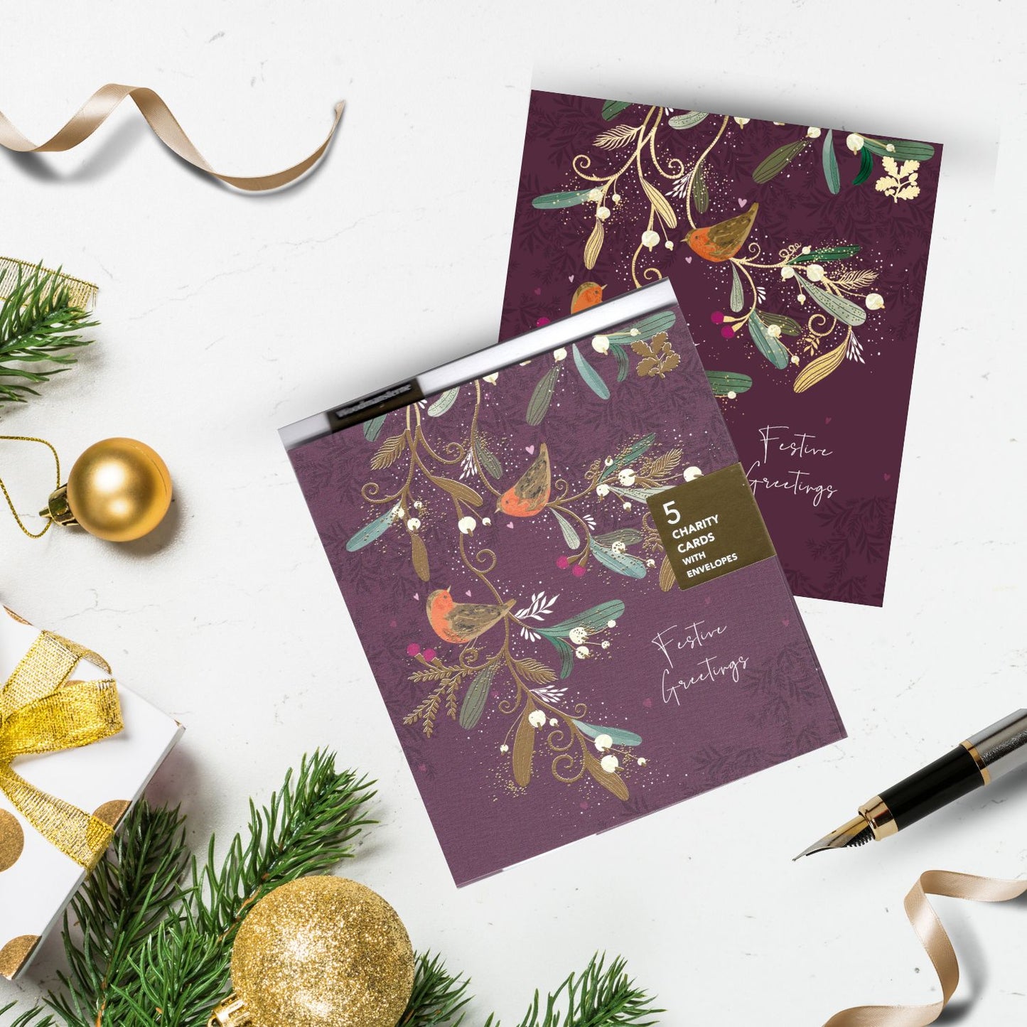 Pack Of 5 National Trust Festive Greetings Mistletoe Charity Christmas Cards