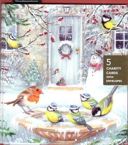 Pack Of 5 Delights Of December Snowman's Bird Party! Charity Christmas Cards
