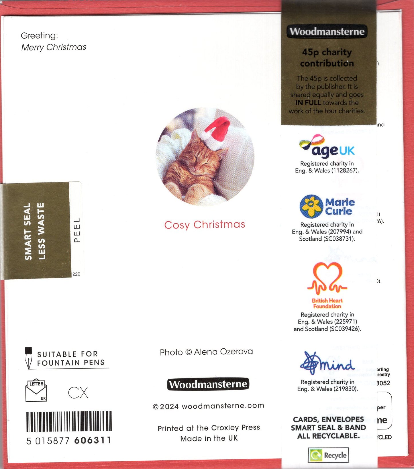 Pack Of 5 Cosy Christmas Purrfect Santa Cat Charity Christmas Cards