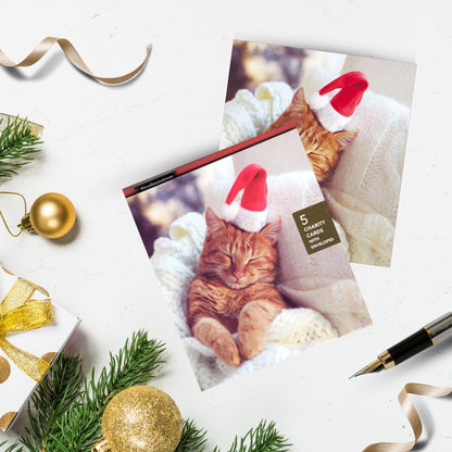 Pack Of 5 Cosy Christmas Purrfect Santa Cat Charity Christmas Cards