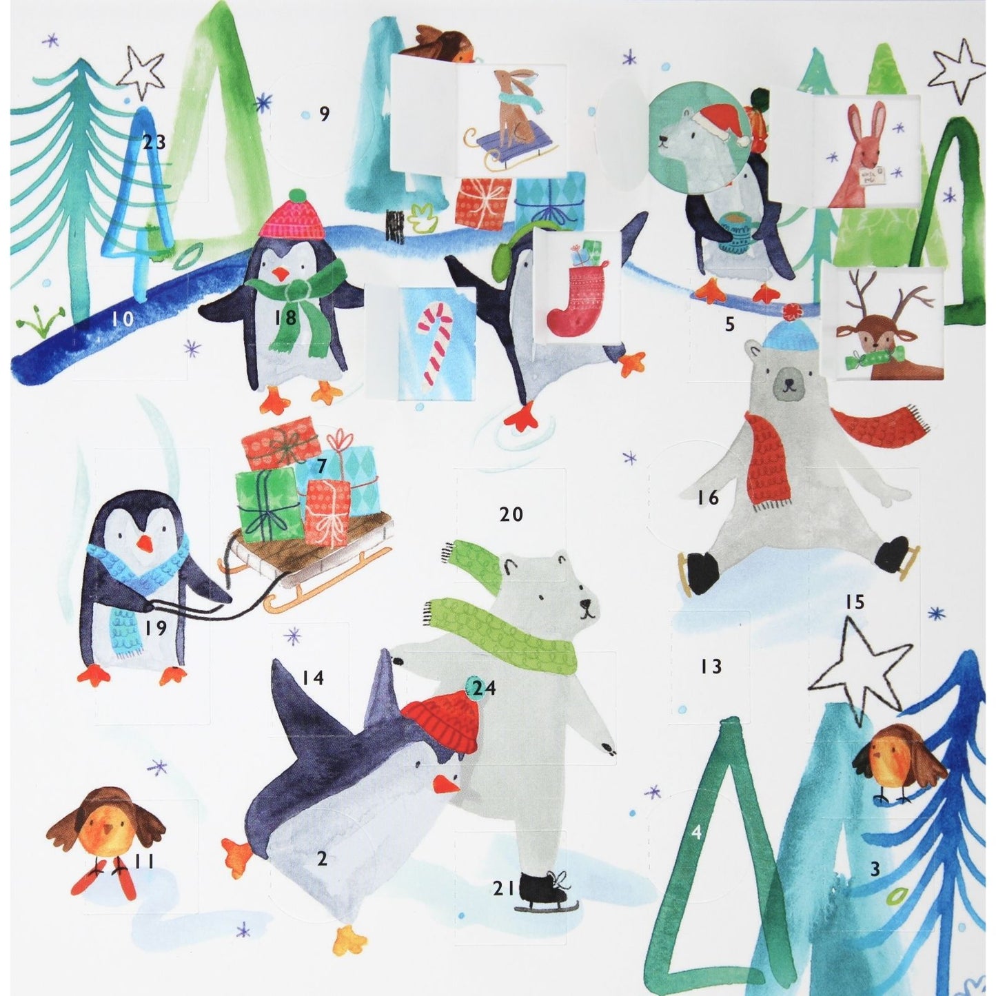 Advent Calendar Christmas Card Penguins & Bears Xmas Countdown Greeting Card