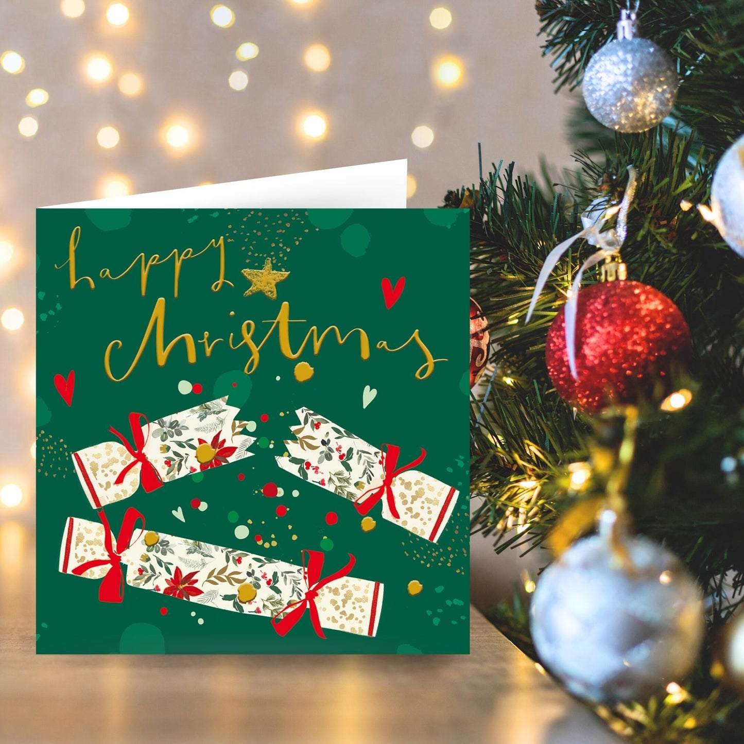 Artistic Christmas Card Gold Foiled Crackers Happy Christmas Xmas Greetings
