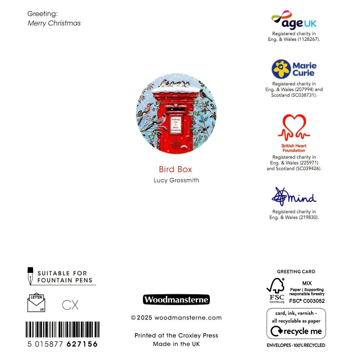 Pack of 5 Charity Christmas Cards Snowy Post Box Cards Multiple Charities