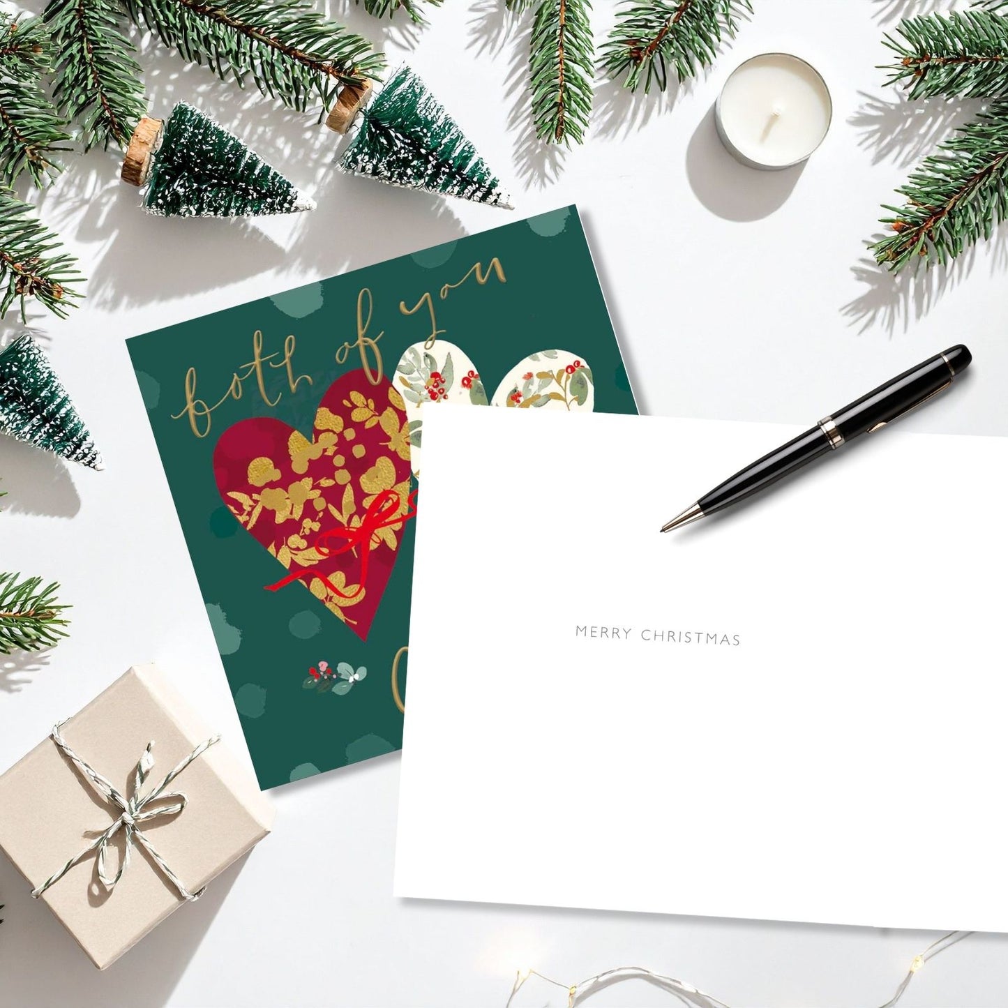 Both Of You Christmas Card Artistic Foiled Love Hearts Wreath Xmas Greetings