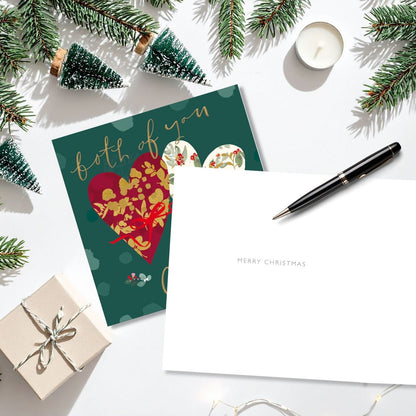 Both Of You Christmas Card Artistic Foiled Love Hearts Wreath Xmas Greetings