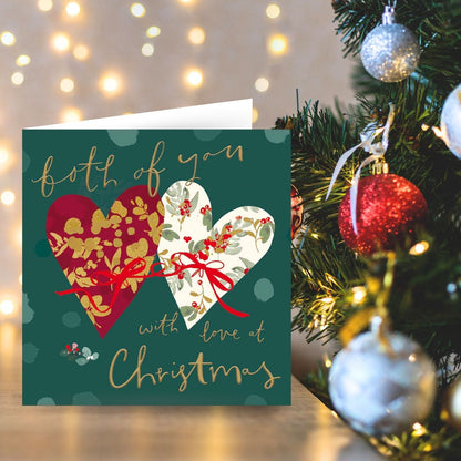 Both Of You Christmas Card Artistic Foiled Love Hearts Wreath Xmas Greetings